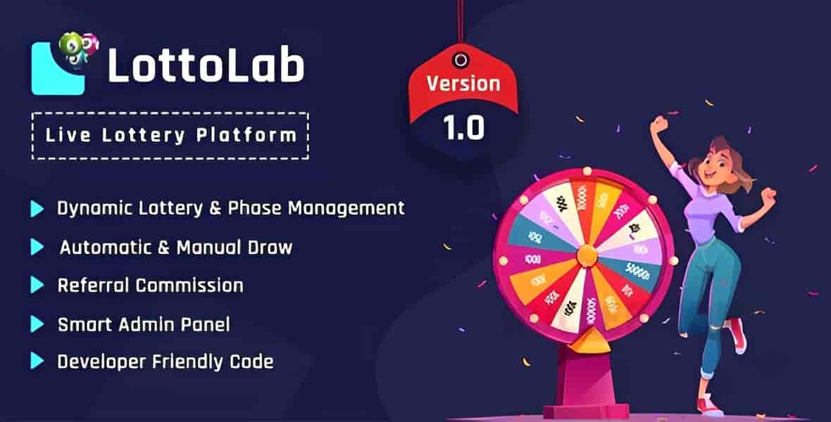 LottoLab Laravel lottery platform admin dashboard showing draw management and ticket sales
