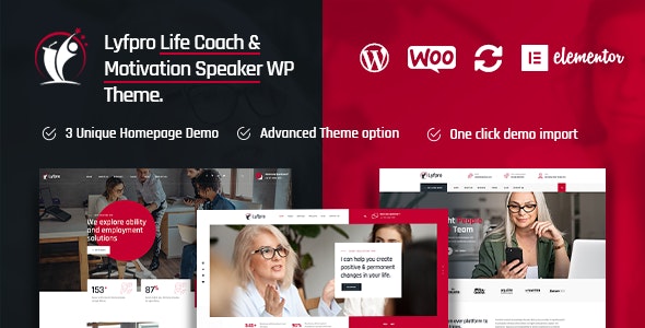 Lyfpro life coach WordPress theme homepage preview showing coaching website layout with Elementor
