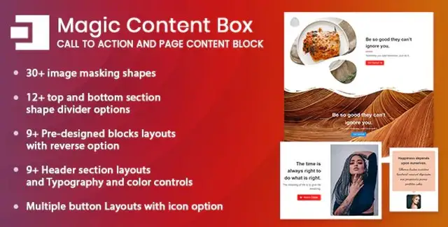 Magic Content Box Gutenberg block builder plugin interface showing pre-designed layouts and image masking options in the WordPress block editor