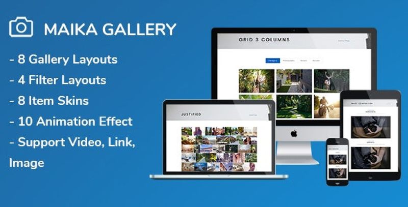 Maika WordPress gallery plugin showcasing responsive image and video gallery layouts with multiple style options