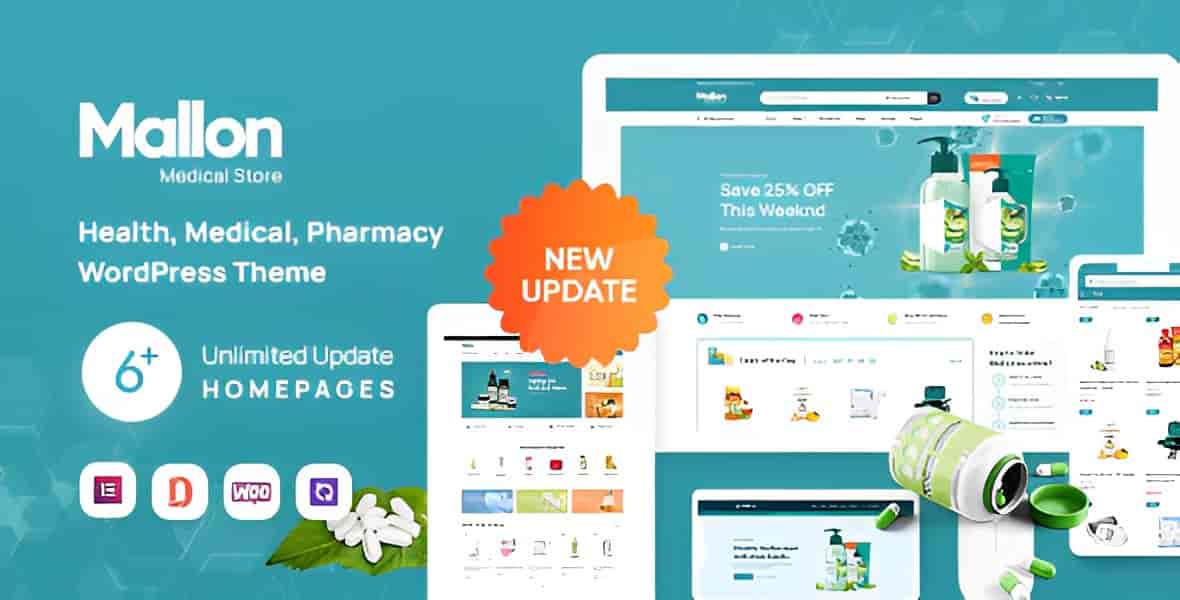 Mallon medical WordPress theme preview for WooCommerce pharmacy and healthcare stores