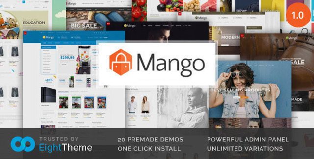 Mango responsive WooCommerce WordPress theme with 20 demo layouts preview