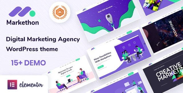 Markethon WordPress theme homepage preview showing agency portfolio layout with service cards, case studies, and contact section