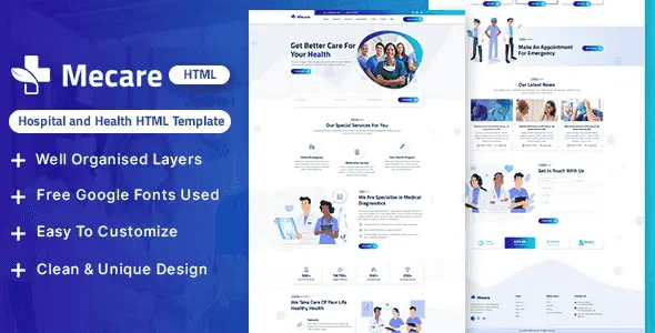 Mecare hospital and healthcare HTML template with modern medical website layout and Elementor PRO design