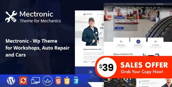 Mectronic WordPress theme dashboard preview for auto repair shops