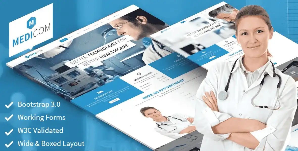 Medicom medical and healthcare HTML template preview showing responsive Bootstrap 3 layout
