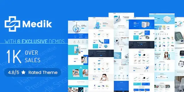 Medik medical WooCommerce theme demo showing clinic and pharmacy website layouts