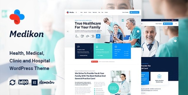 Medikon Health and Medical WordPress Theme demo preview showing professional healthcare website layout