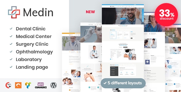 Medin medical center WordPress theme with five layout options for clinic and dentist websites