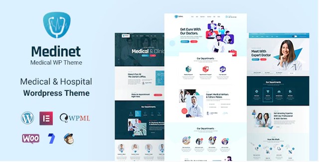 Medinet medical WordPress theme demo showing healthcare website layout