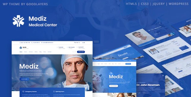 Mediz Medical WordPress Theme demo preview showing a professional healthcare website layout