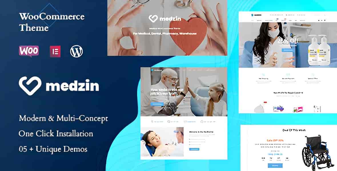 Medzin medical WordPress theme showcasing professional clinic website layouts with WooCommerce integration