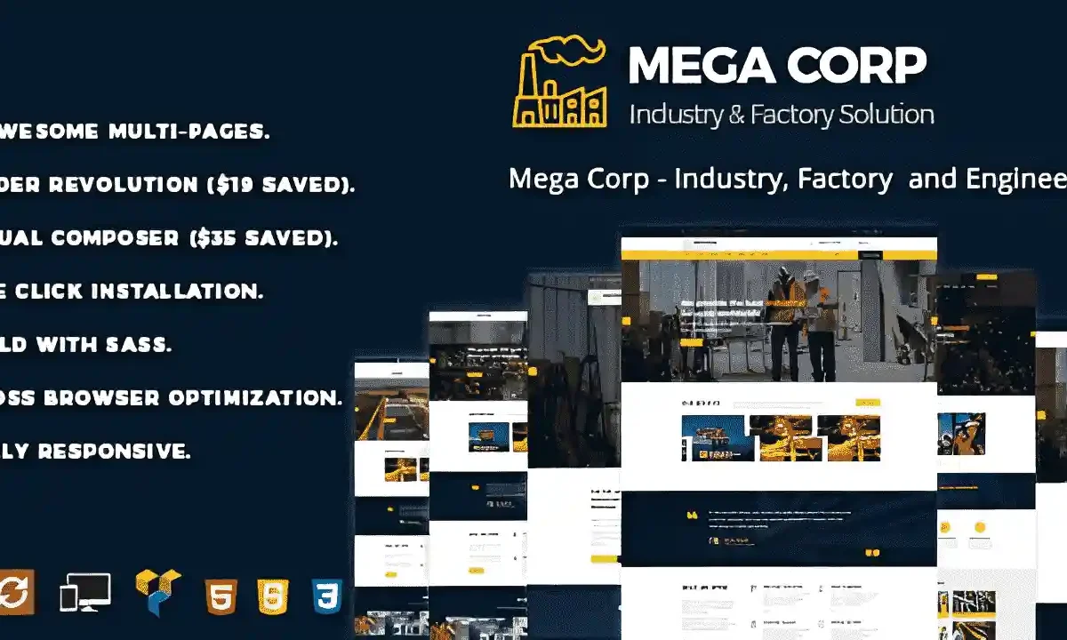 MegaCorp industrial corporate WordPress theme with WooCommerce