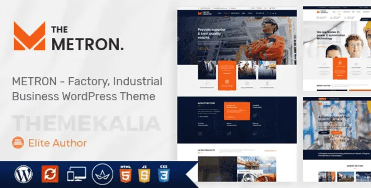 Metron WordPress theme preview showcasing industry and construction website layouts