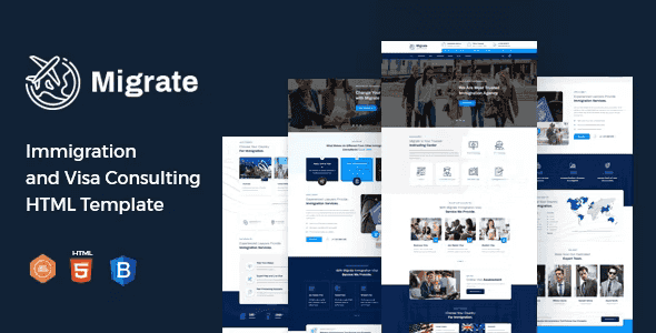 Migrate immigration and visa consulting HTML template preview showing clean minimalist website layout
