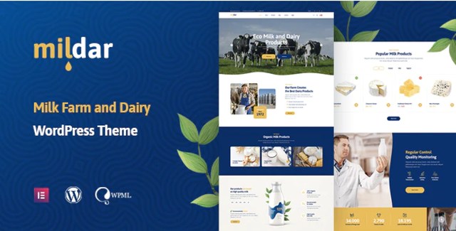 Mildar dairy farm WordPress theme preview showing organic milk and cheese products