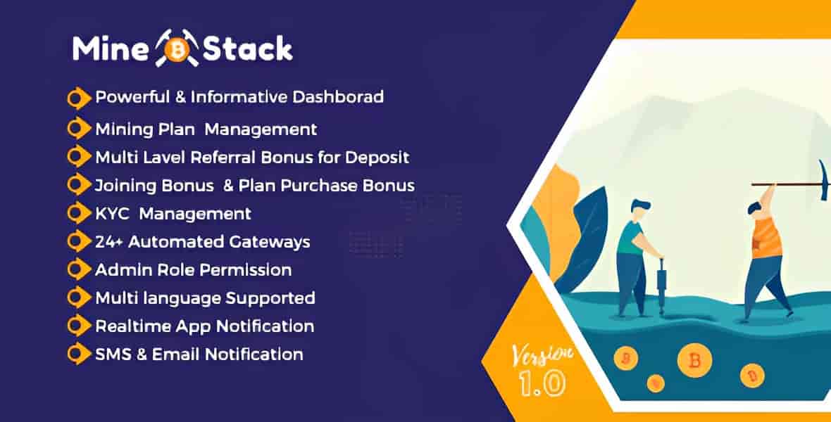MineStack cloud mining platform PHP script dashboard showing cryptocurrency mining features