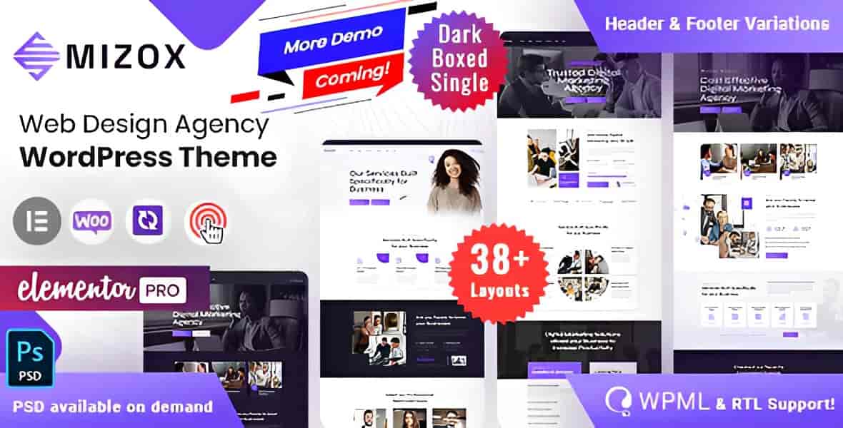 Mizox WordPress theme for web design agencies with Elementor compatibility and responsive layout
