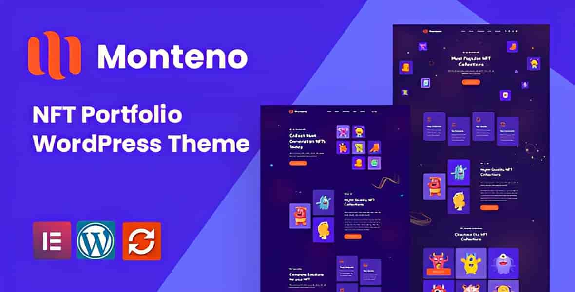 Monteno NFT portfolio WordPress theme dashboard showcasing blockchain and crypto art marketplace layout