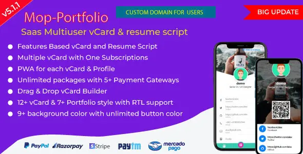MOP SaaS digital business card and portfolio PHP script platform dashboard