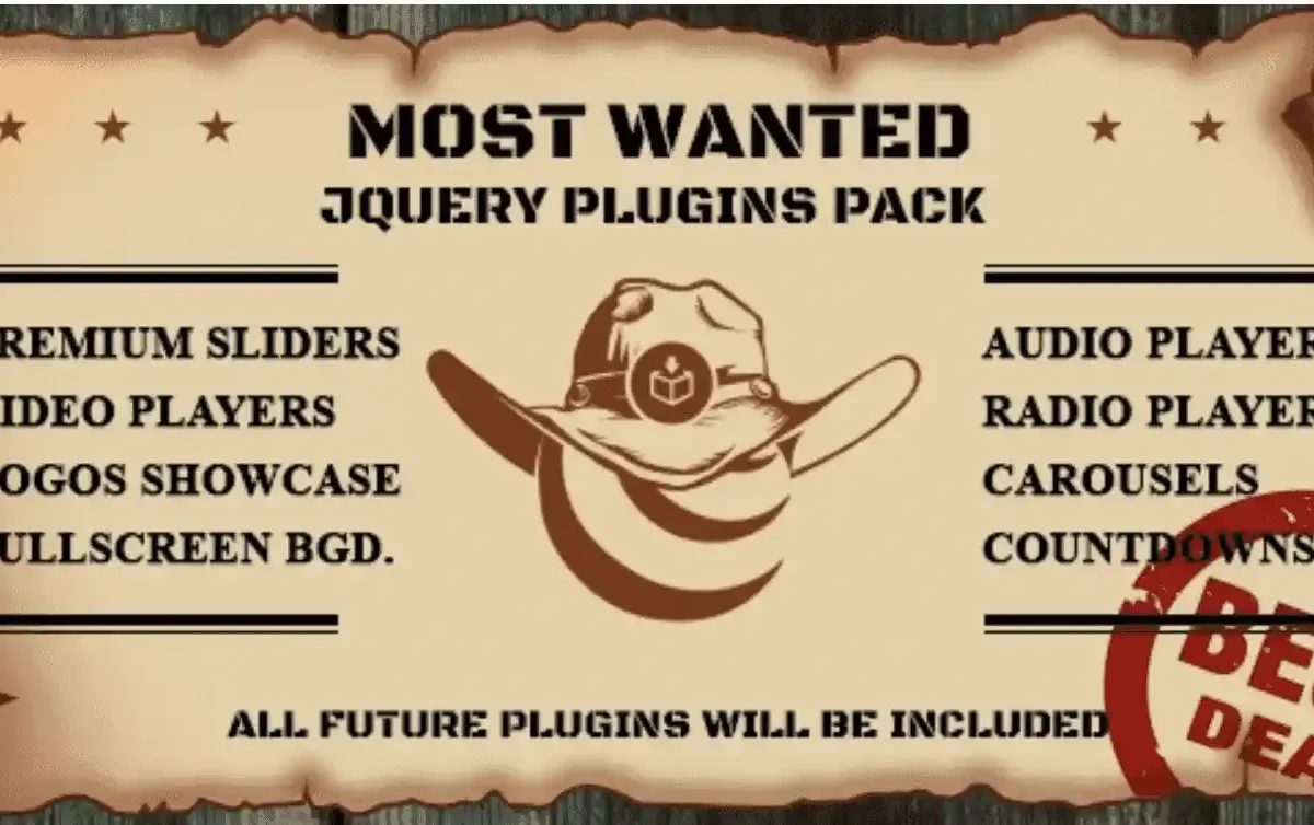 Most Wanted jQuery Plugins Pack interface showing sliders and media players