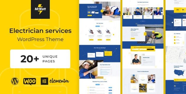 MrWatt electrician WordPress theme homepage preview with orange accent design and service layout