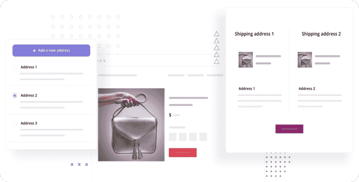 Multiple Shipping Addresses for WooCommerce plugin interface showing saved addresses and multi-address checkout
