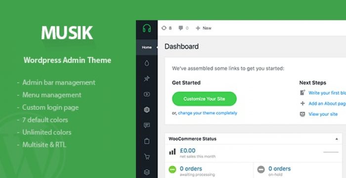 Musik WordPress admin theme plugin dashboard customization interface