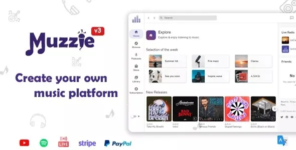 Muzzie music podcast and live streaming platform PHP script interface