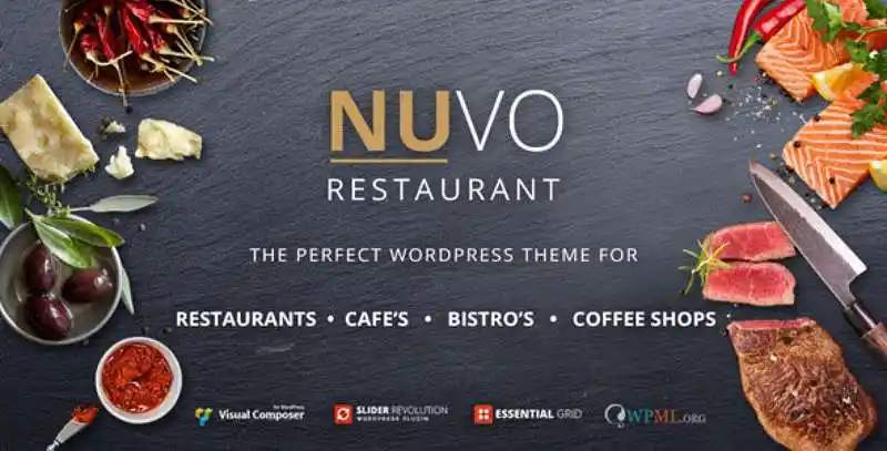 NUVO WordPress restaurant theme homepage design for cafes and bistros