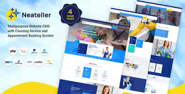Neateller cleaning service CMS dashboard showing appointment booking and payment integration