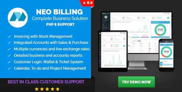 Neo Billing accounting invoicing and CRM PHP script dashboard interface