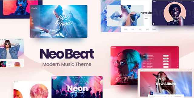 NeoBeat music WordPress theme homepage layout preview showing artist portfolio design with audio player and tour dates