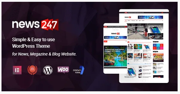 News247 WordPress theme homepage demo showing a news magazine layout with featured articles, categories, and responsive grid