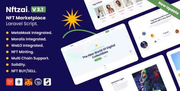 Nftzai NFT marketplace Laravel script interface showing digital art listings and cryptocurrency wallet