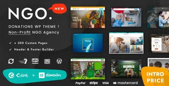 NGO charity and donation WordPress theme preview with Elementor page builder