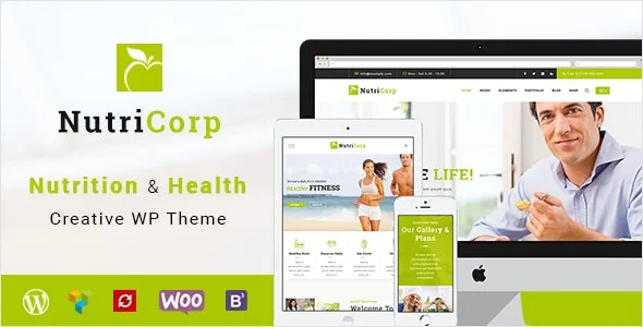 Nutricorp nutrition WordPress theme homepage preview showing health and wellness website layout