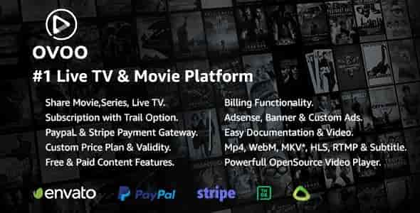OVOO Live TV and Movie Portal CMS interface showing video player and movie listings