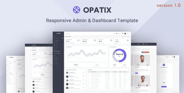 Opatix Bootstrap 4 admin dashboard template interface showing responsive layout with sidebar navigation, data widgets, and UI components