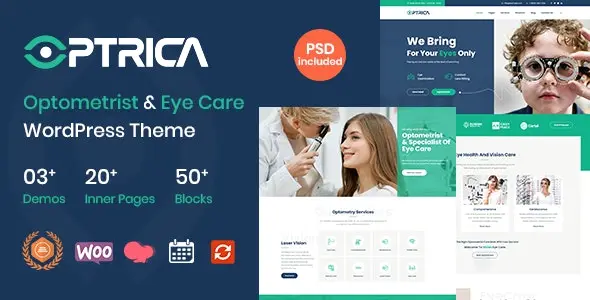 Optrica optometrist and eye care WordPress theme homepage preview