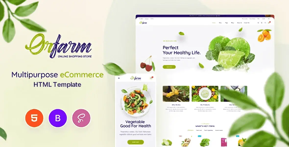 Orfarm grocery store HTML5 template showcasing Bootstrap 5 responsive food retail layout