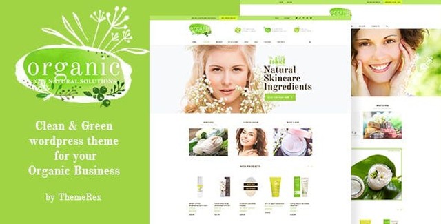 Organic Beauty WordPress theme demo showing natural cosmetics store layout with responsive design
