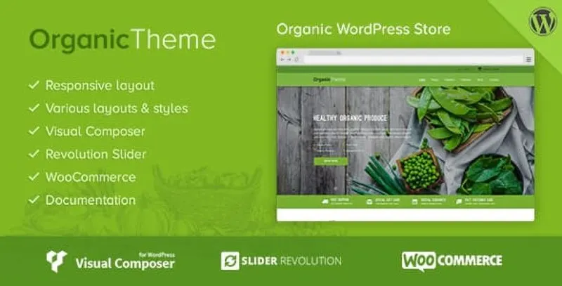 Organic WordPress theme demo showing a modern farm website layout with parallax scrolling