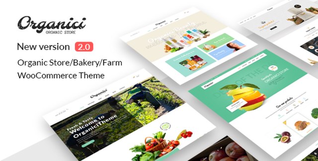 Organici organic store WooCommerce theme homepage showing clean design with produce, bakery, and natural product layouts