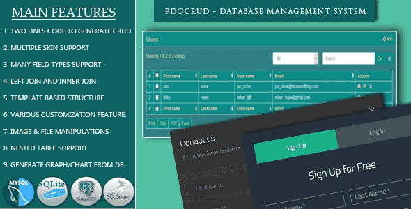 PDO Crud advanced PHP CRUD application interface showing database management and form builder capabilities