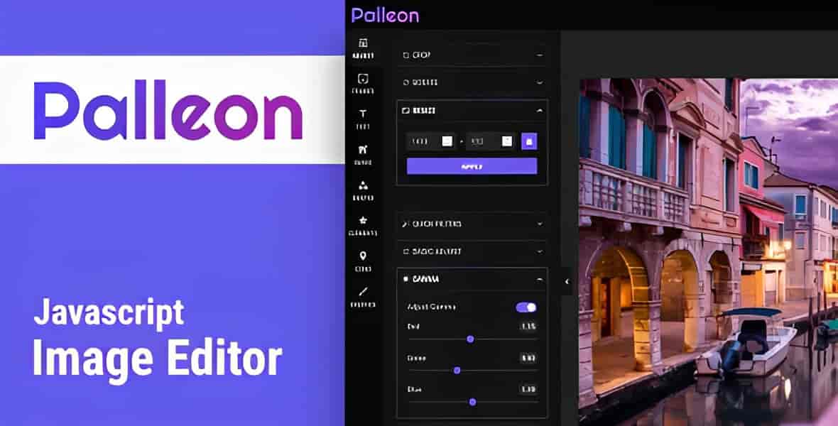 Palleon JavaScript image editor script interface showing online photo editing tools
