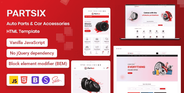 Partsix auto parts store HTML template homepage preview showing modern automotive e-commerce layout