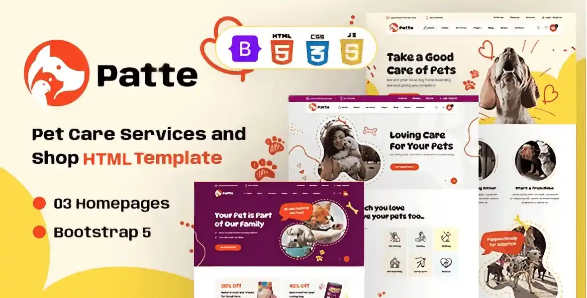 Patte pet care and pet shop HTML template preview with modern layout design