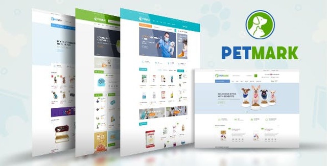 PetMark responsive WooCommerce theme homepage showing pet store layout with product sliders and daily deals countdown