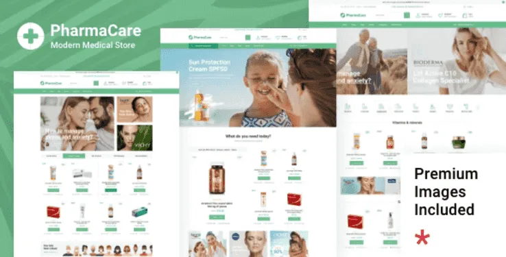 PharmaCare pharmacy WordPress theme demo showing medical store layouts